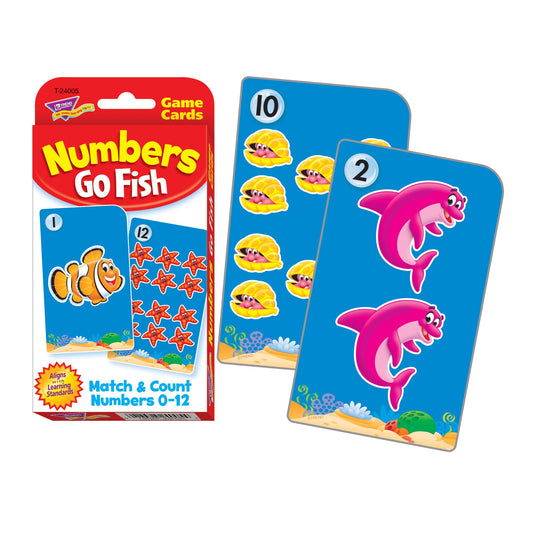 Trend Enterprises Numbers Go Fish Challenge Cards game layout with grouped objects for 0-12 counting