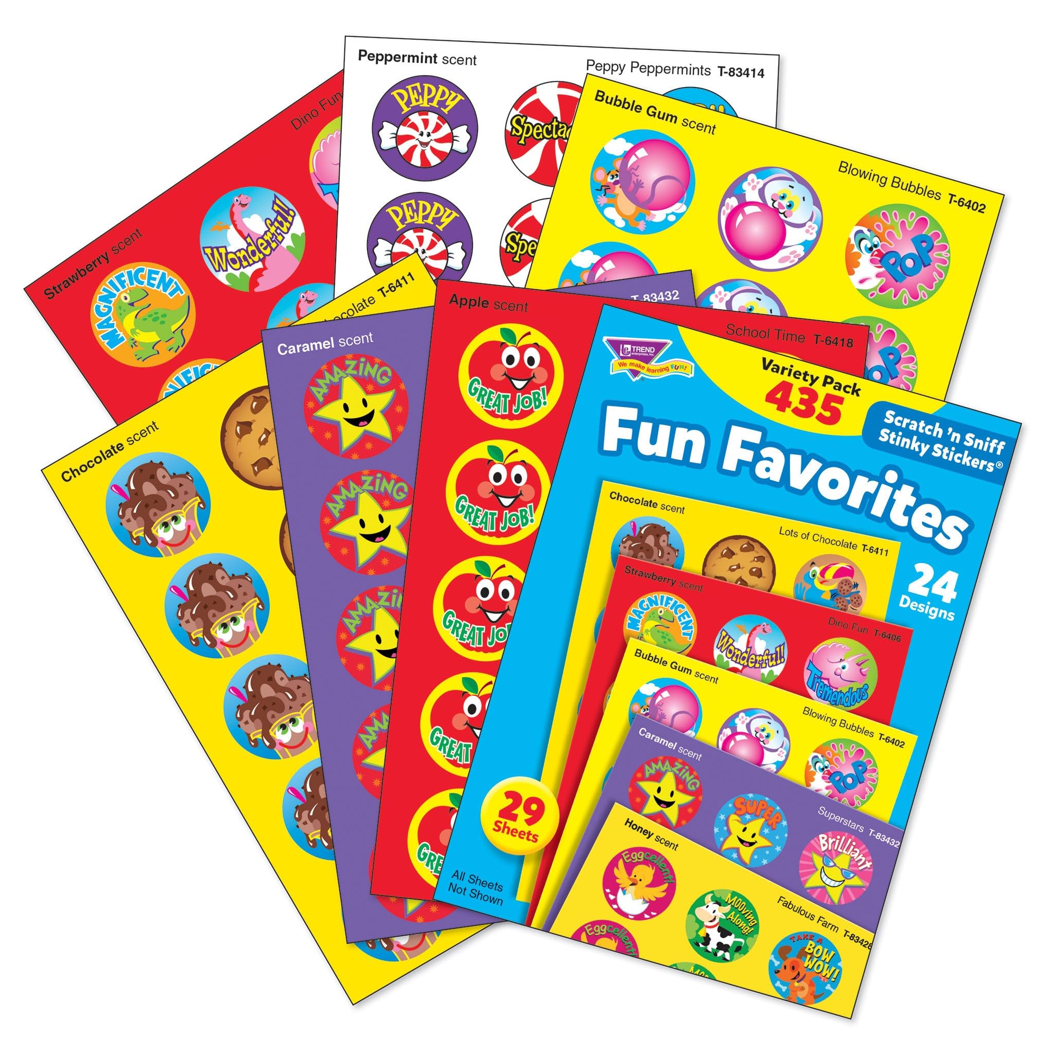 Trend Enterprises scented stickers design variety ideal for classroom rewards and scrapbooks.