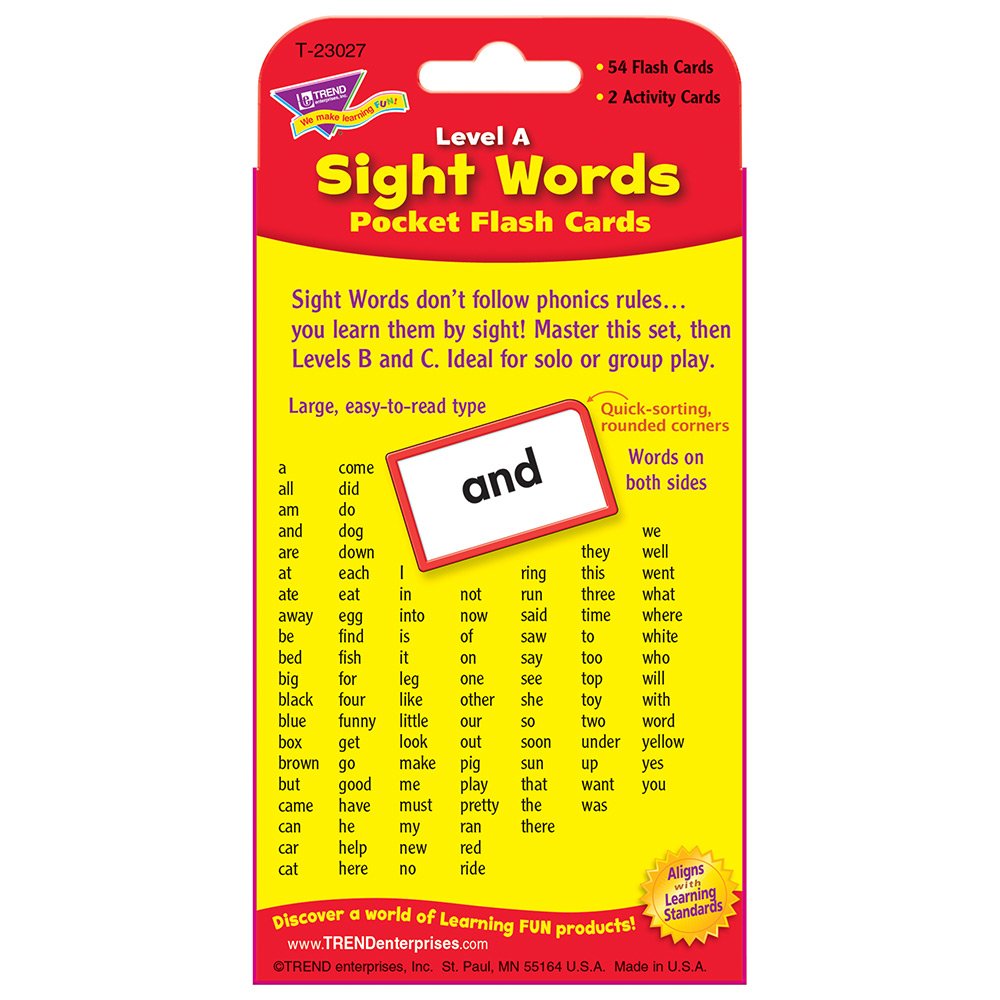 Trend Enterprises flash cards in a storage box keep materials organized.