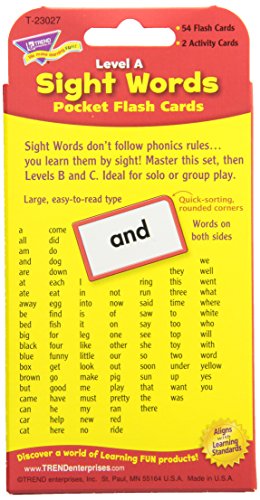 Trend Enterprises Level A cards table spread shows 108 common words for quick practice.