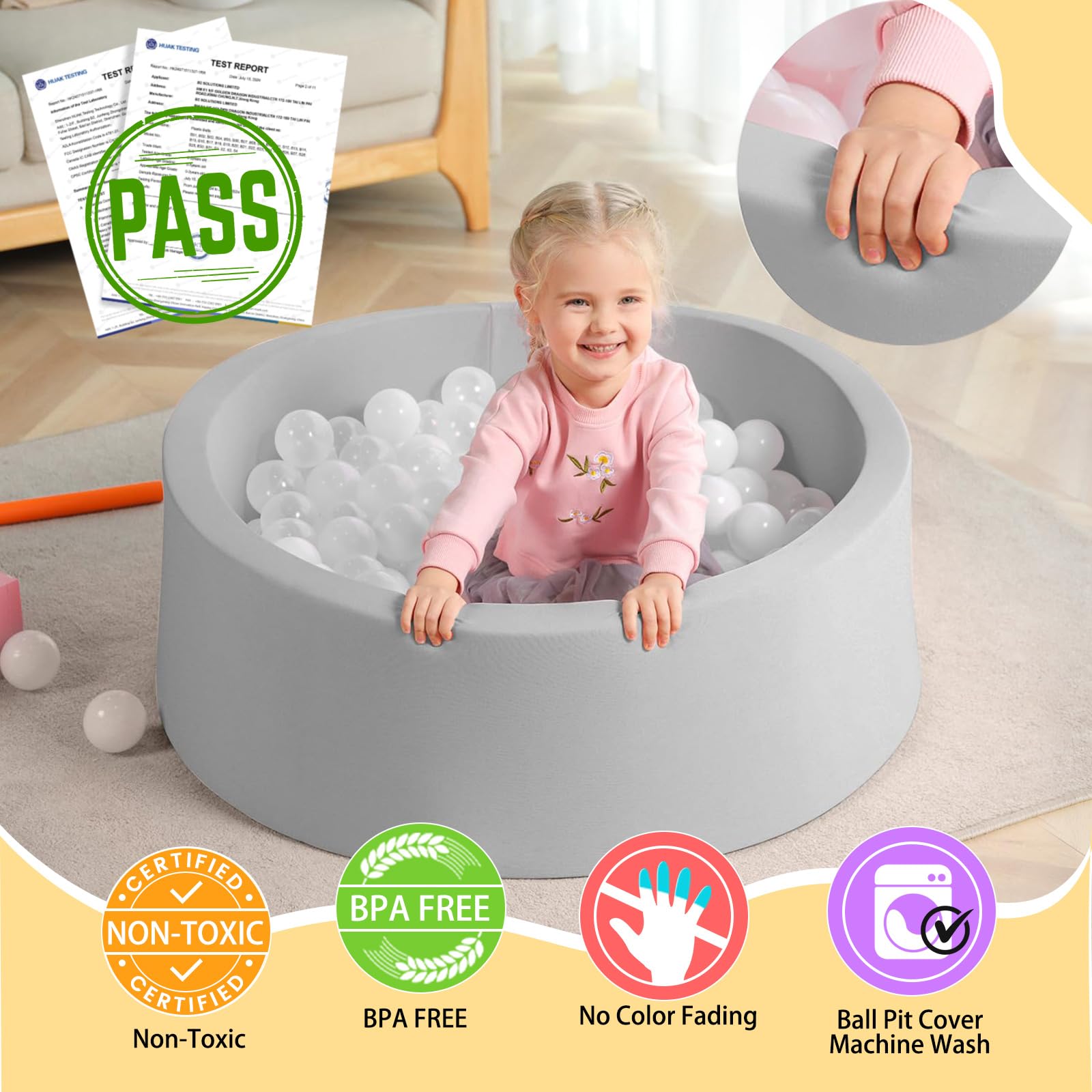 TrendBox ball pit light gray inner foam detail supports soft toddler play