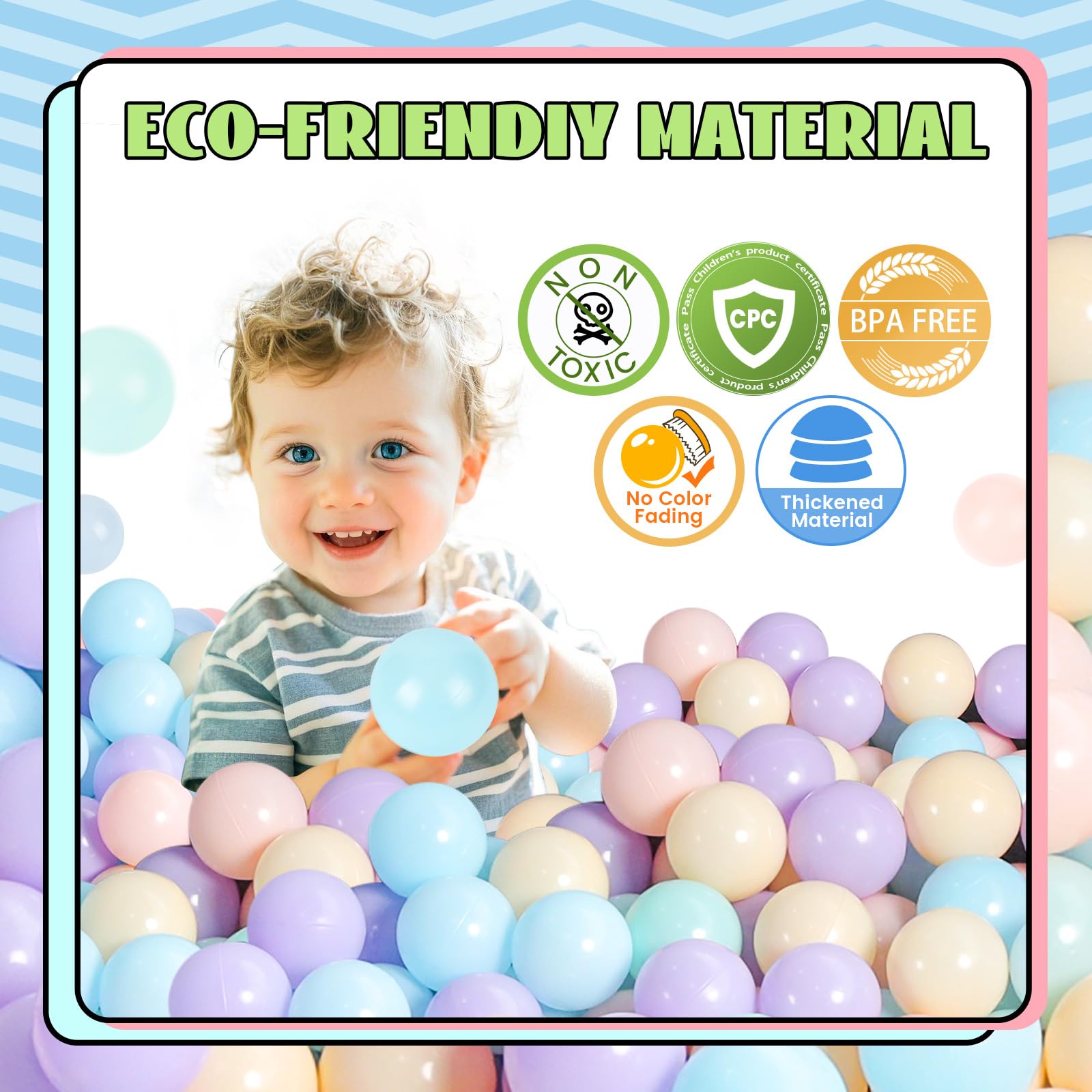 TrendBox macaron color palette balls add visual appeal for toddlers.