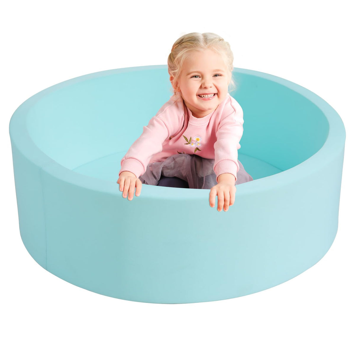 TrendBox memory foam ball pit in light blue, full view for cozy toddler play.