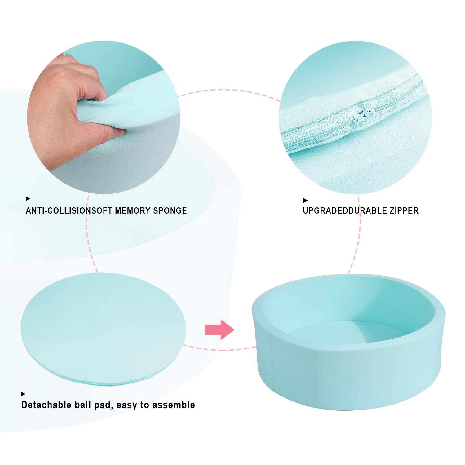TrendBox memory foam ball pit zipper cover close-up shows easy cleaning after playtime.