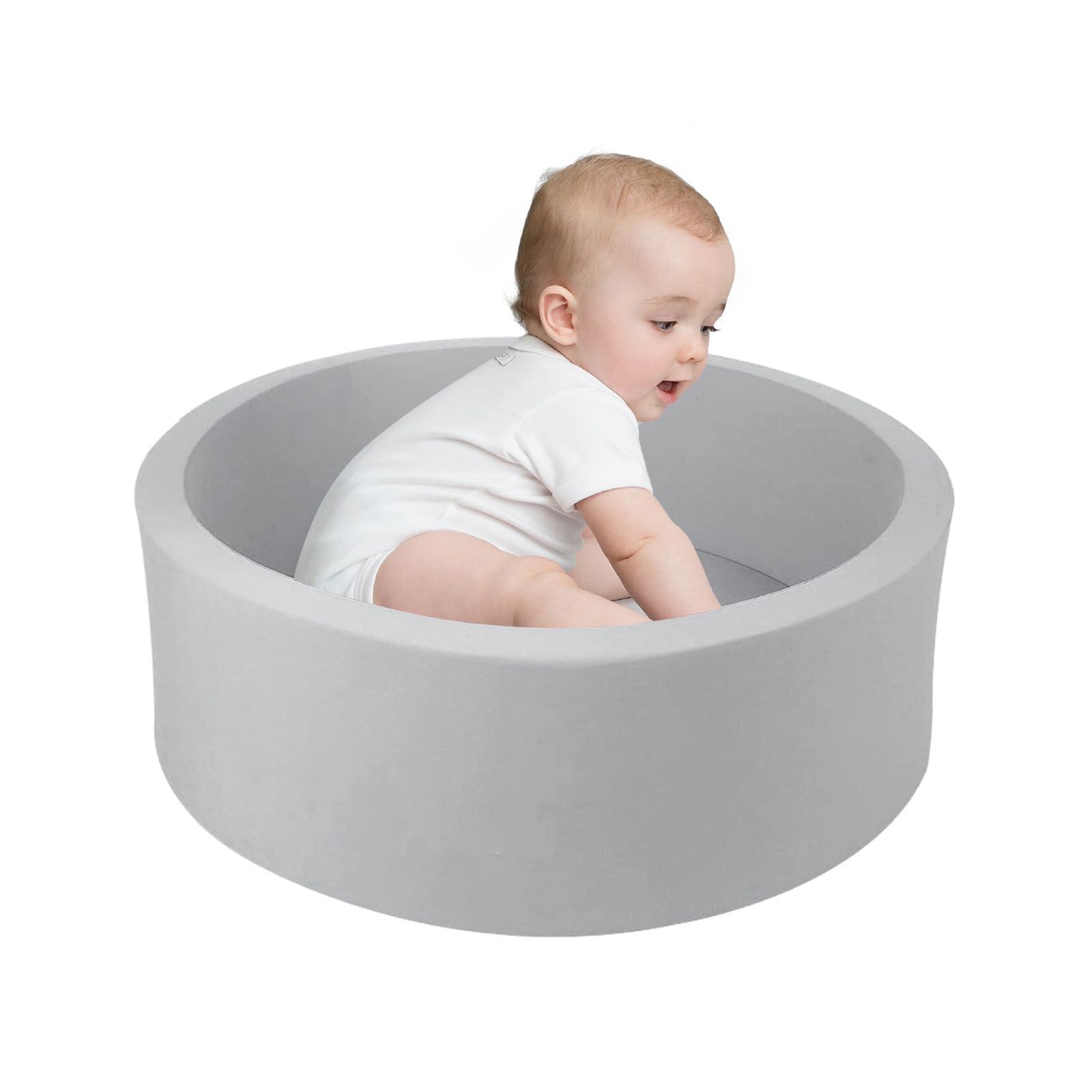 TRENDBOX memory foam ball pit cover close-up showing soft gray fabric for toddlers.