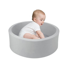 TRENDBOX memory foam ball pit cover close-up showing soft gray fabric for toddlers.