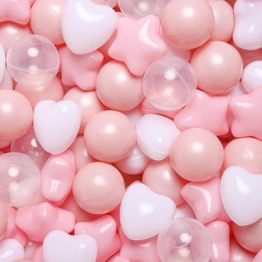 TRENDPLAY star and heart pit balls in pink, white, and clear for imaginative play.
