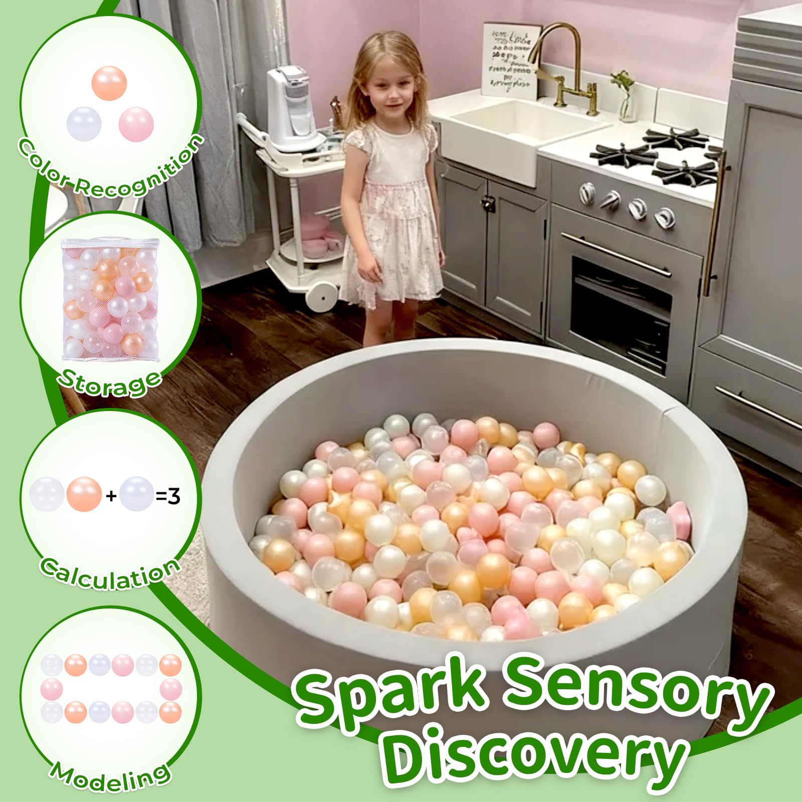 Pearl white TRENDPLAY ball pit balls create a chic, versatile look.