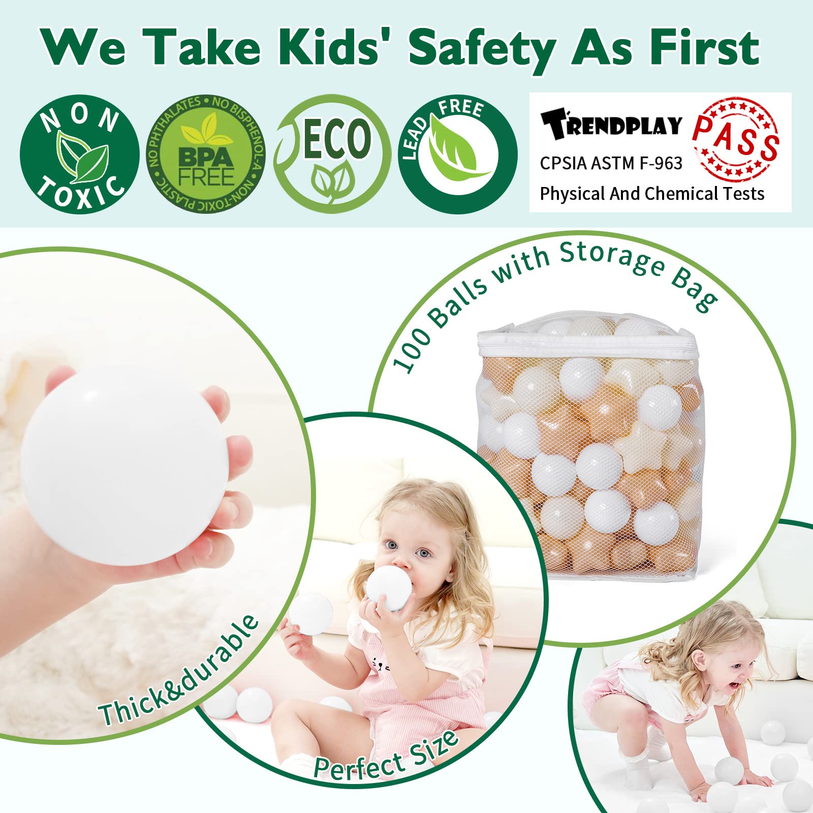 Durable TRENDPLAY balls made from safe plastic with 2.17 inch diameter.