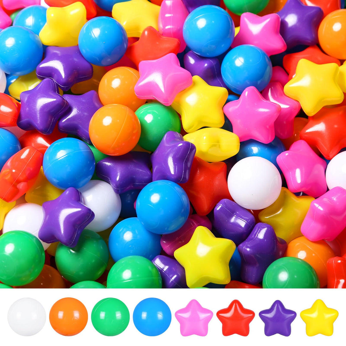 TRENDPLAY star pit balls in rainbow colors, safe for toddlers and imaginative play.