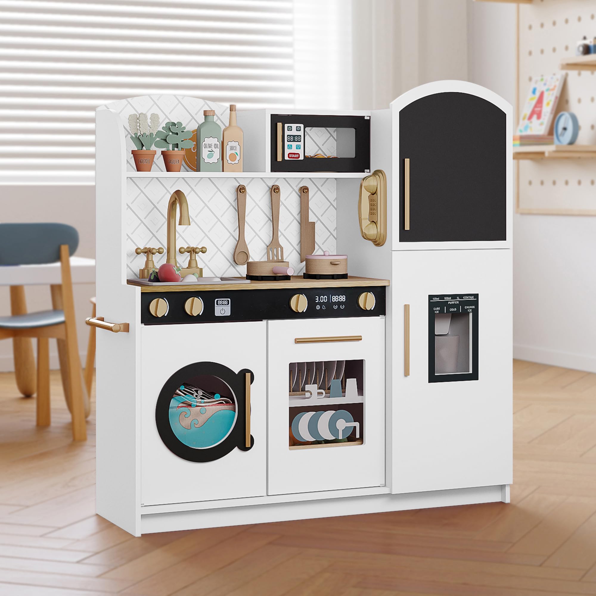 Treocho Play Kitchen white chalkboard for menus and planning