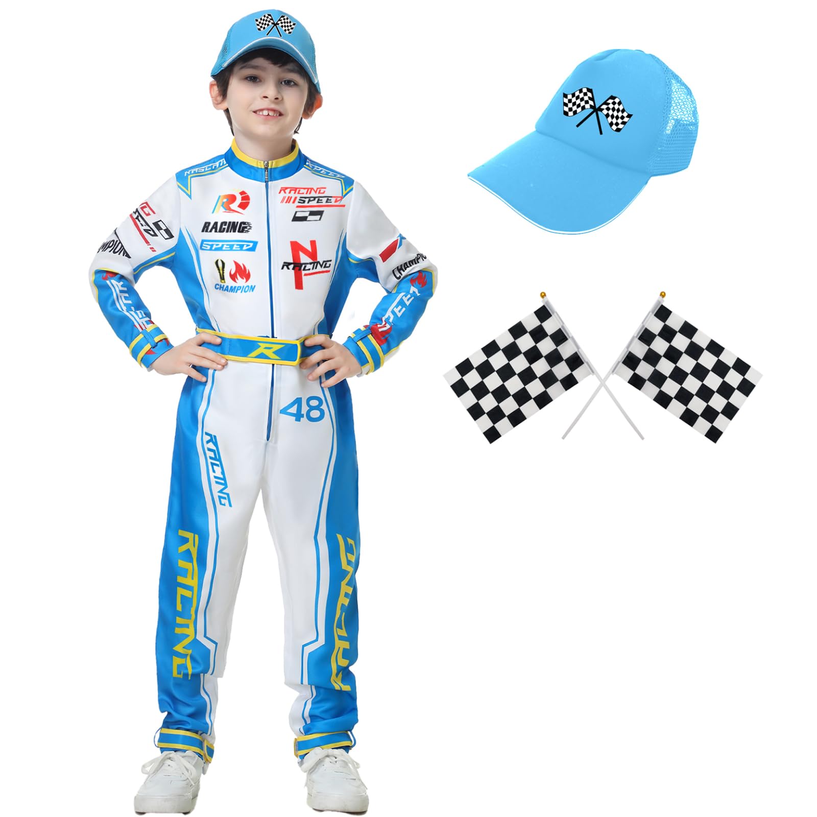 Treyrea race car driver blue jumpsuit, comfortable for playtime.