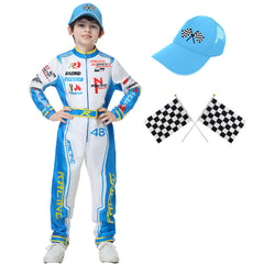 Treyrea race car driver blue jumpsuit, comfortable for playtime.