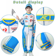 Treyrea logo design on jumpsuit highlights racing style.