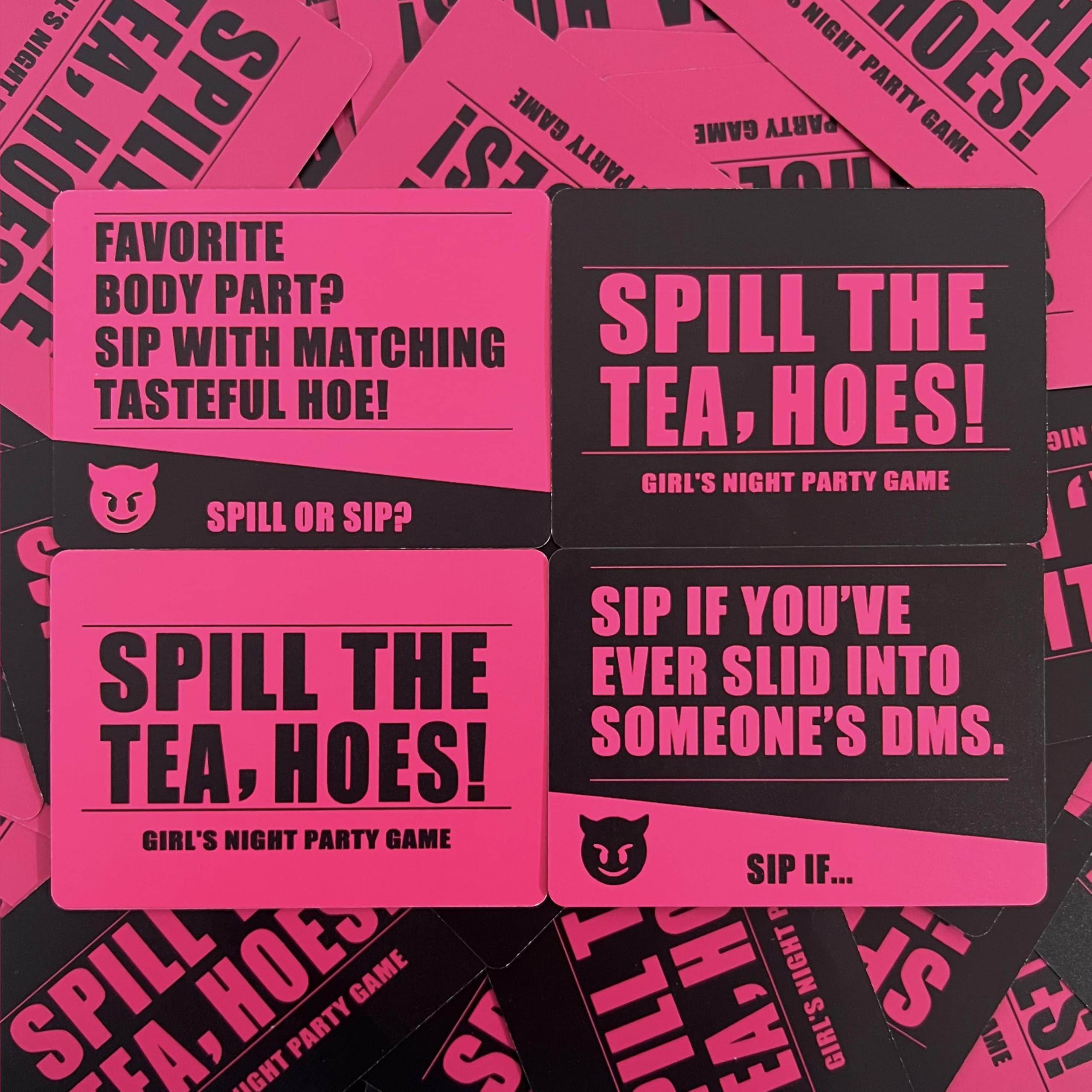 Closeup of Trikendou card design highlights bold, playful prompts.