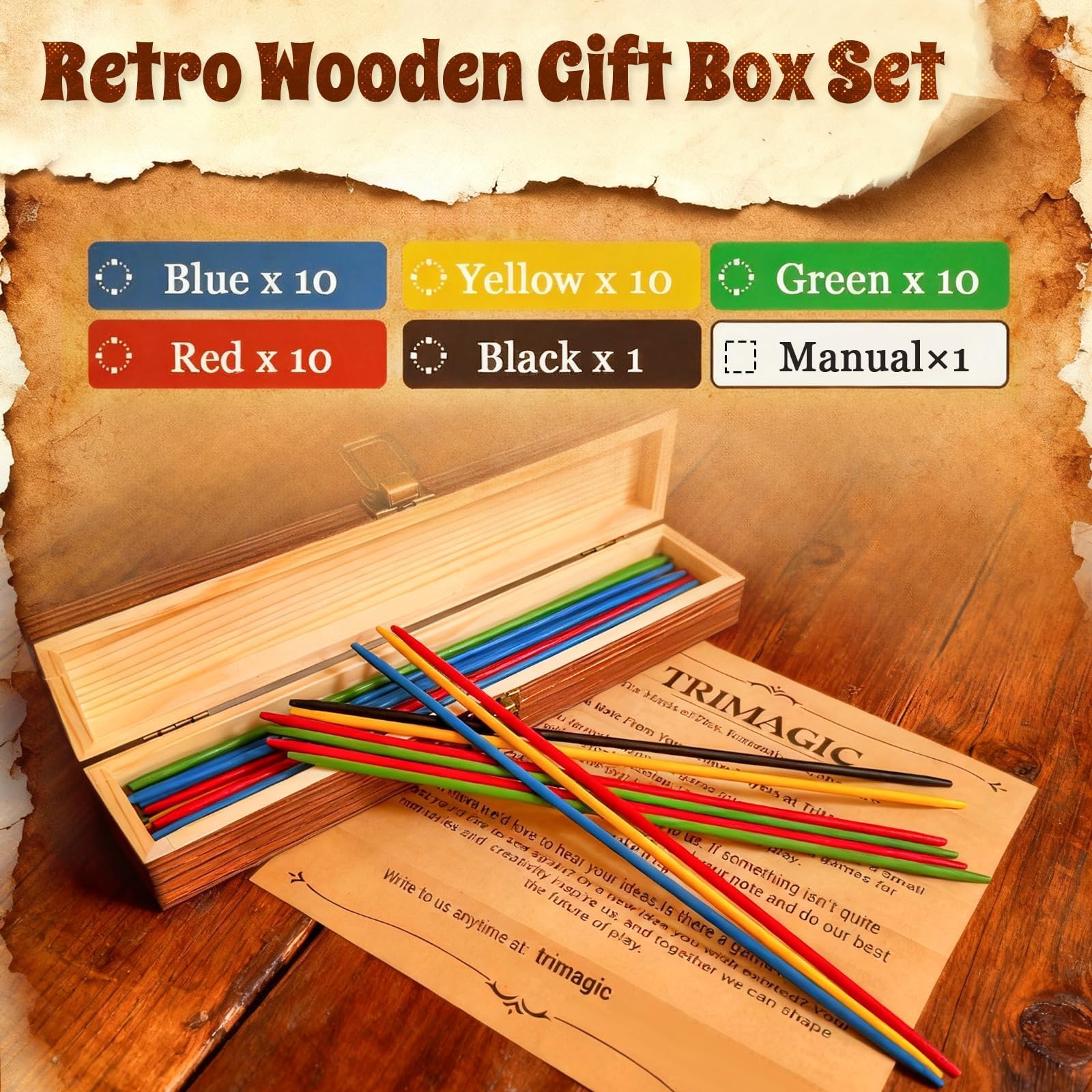 TriMagic Pick Up Sticks 41 pieces color-coded, ready for quick play and scoring.