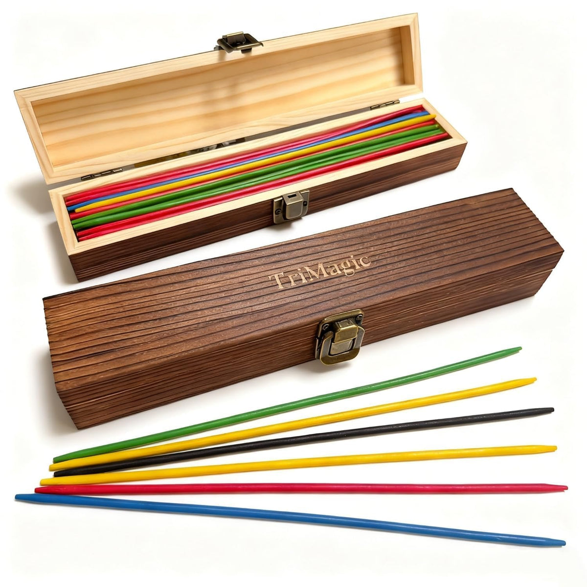 TriMagic Pick Up Sticks wooden case, sturdy travel-friendly storage for family moments.