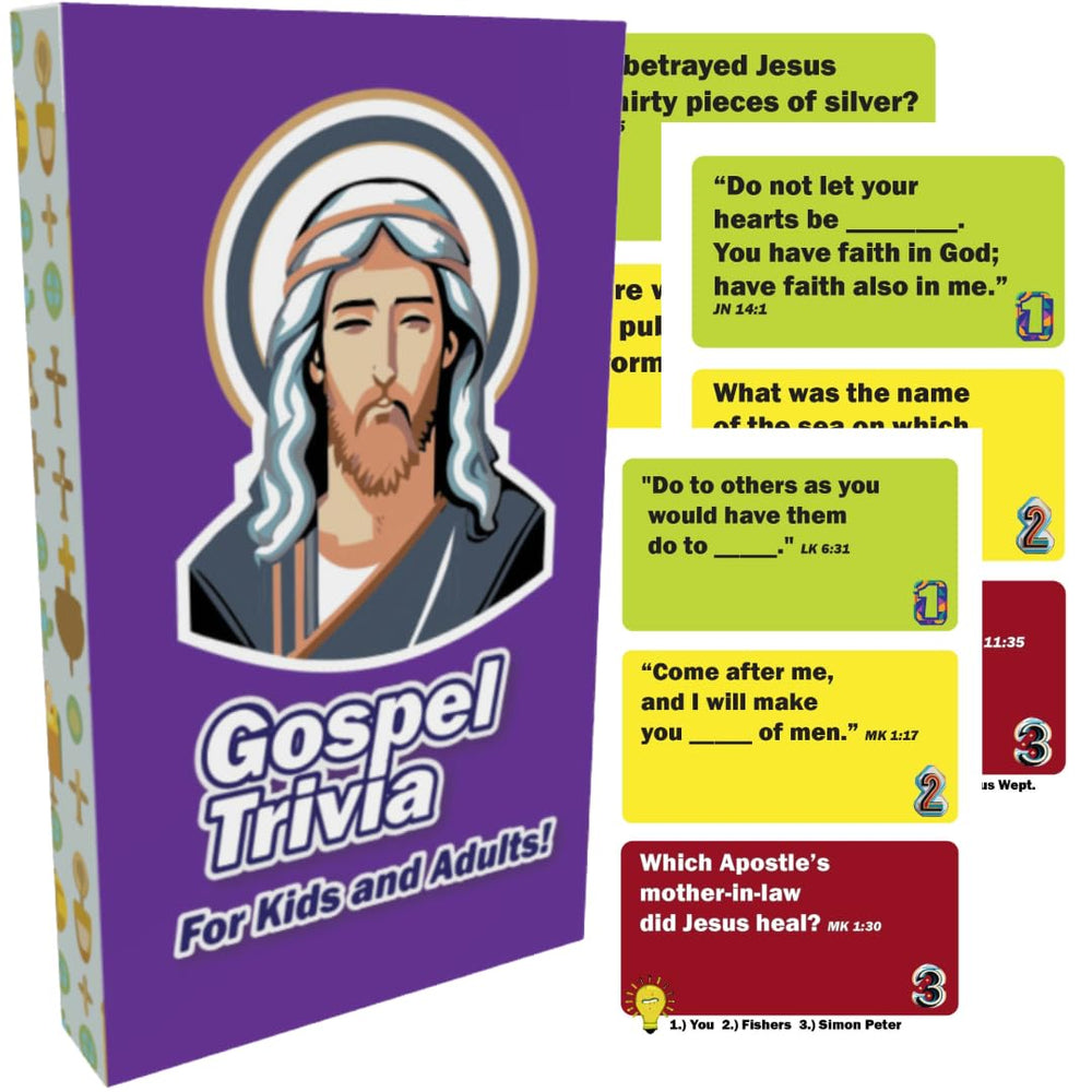 Trivioso gospel trivia card game box on table for family Bible nights.