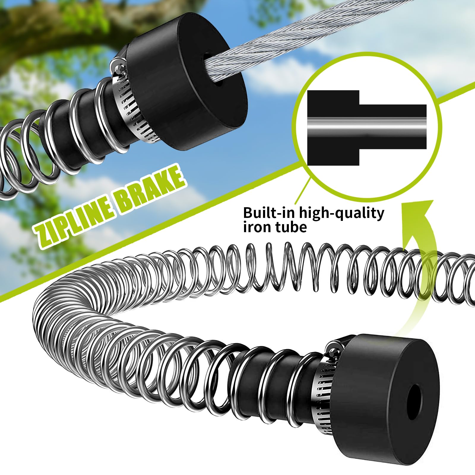 TRSMIMA steel cable 120ft with tree protection tube reduces tree wear.