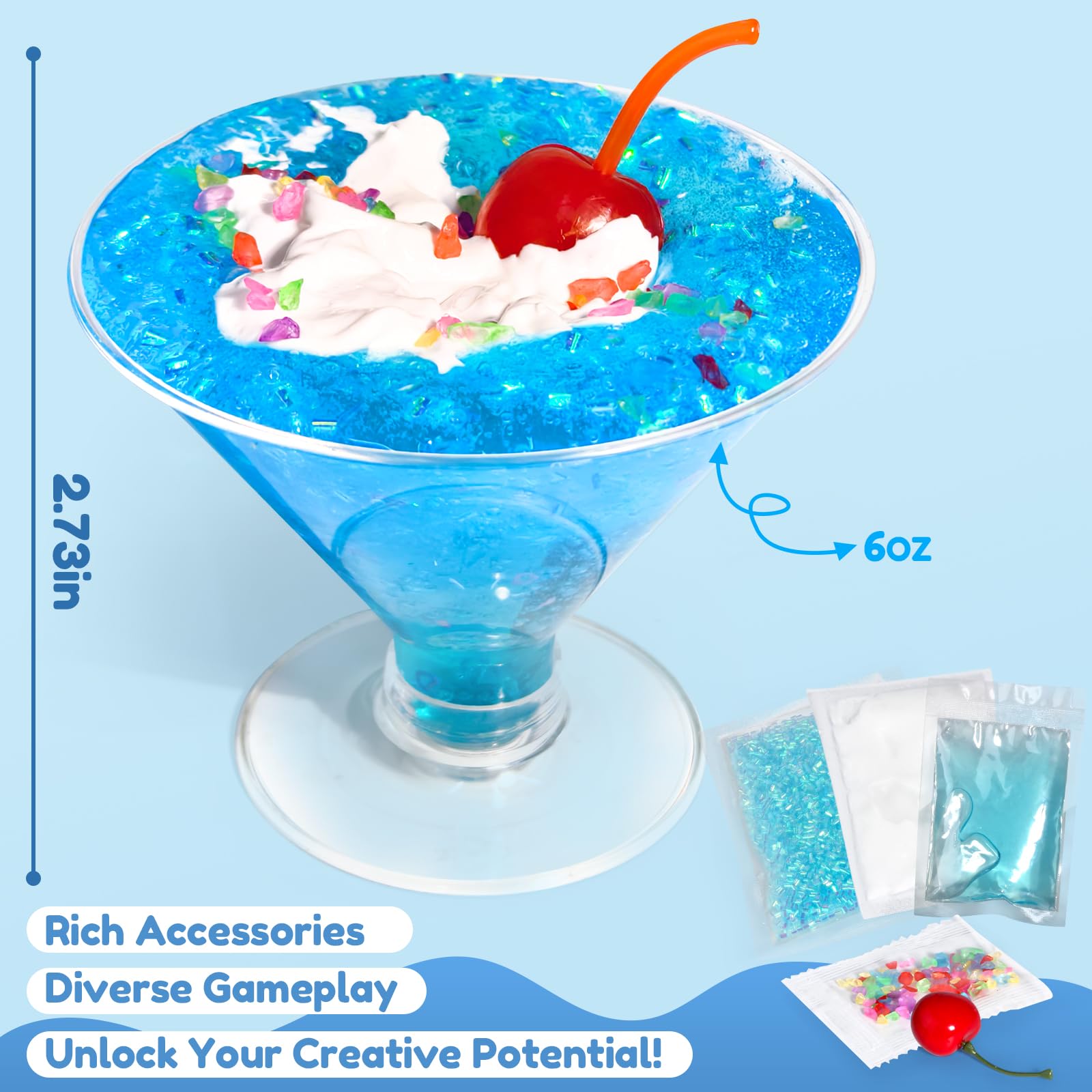 Trubic Blue Slime with cream topping and decorations for pretend drinks.