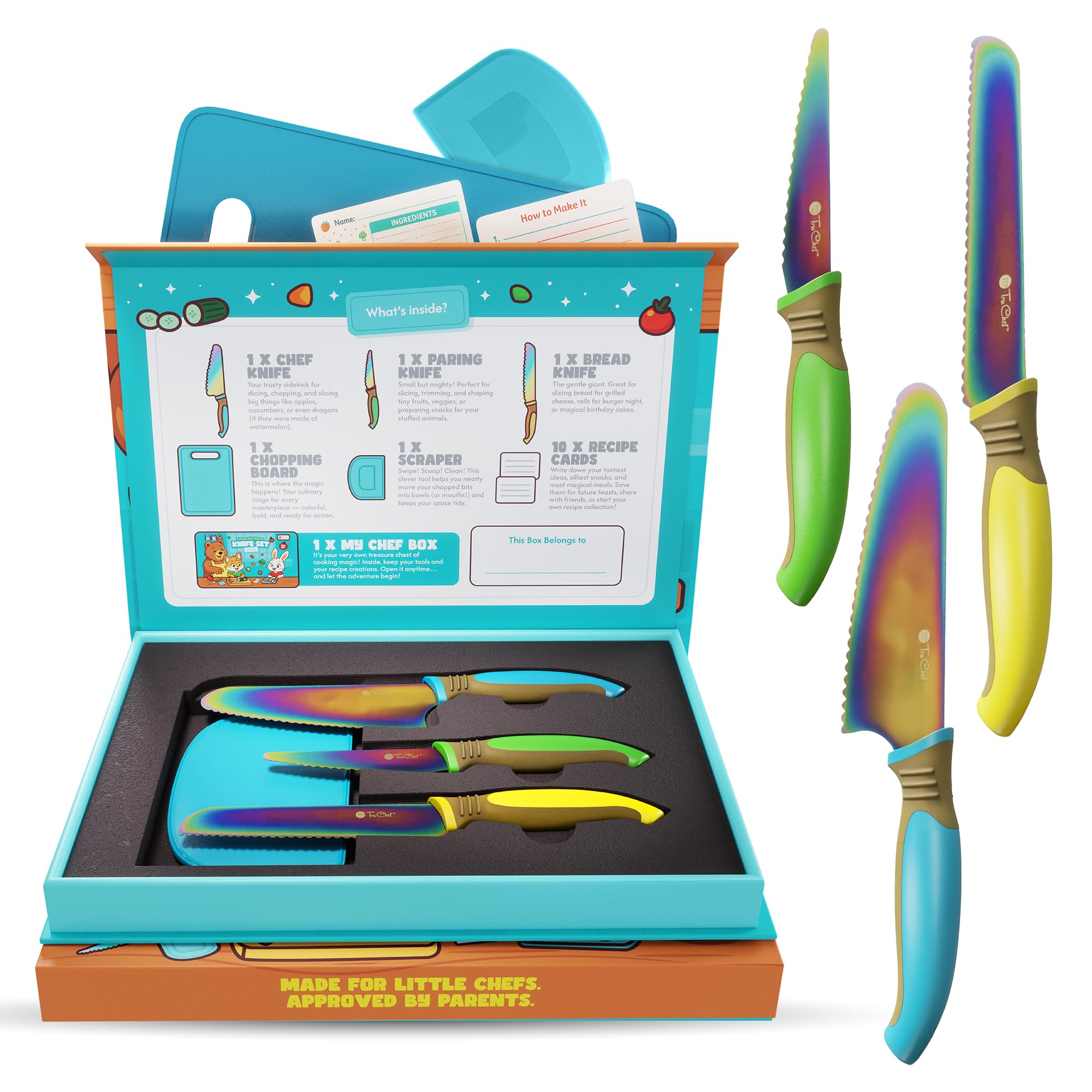 TruChef Kids Knife Set with rainbow blades for safe, real cooking practice.