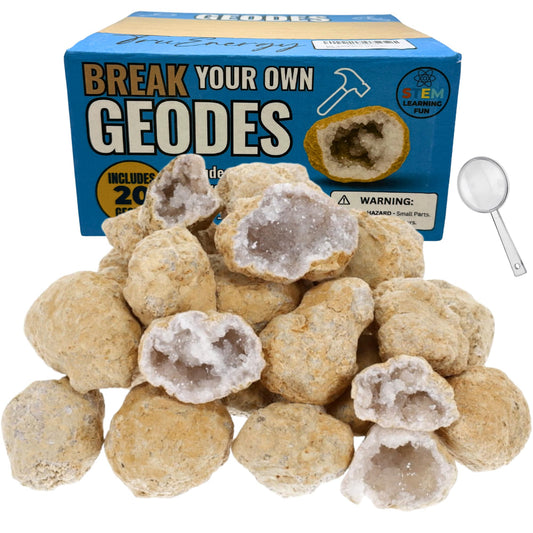 TruEnergy Geodes for Kids opened to reveal sparkling crystal interiors.
