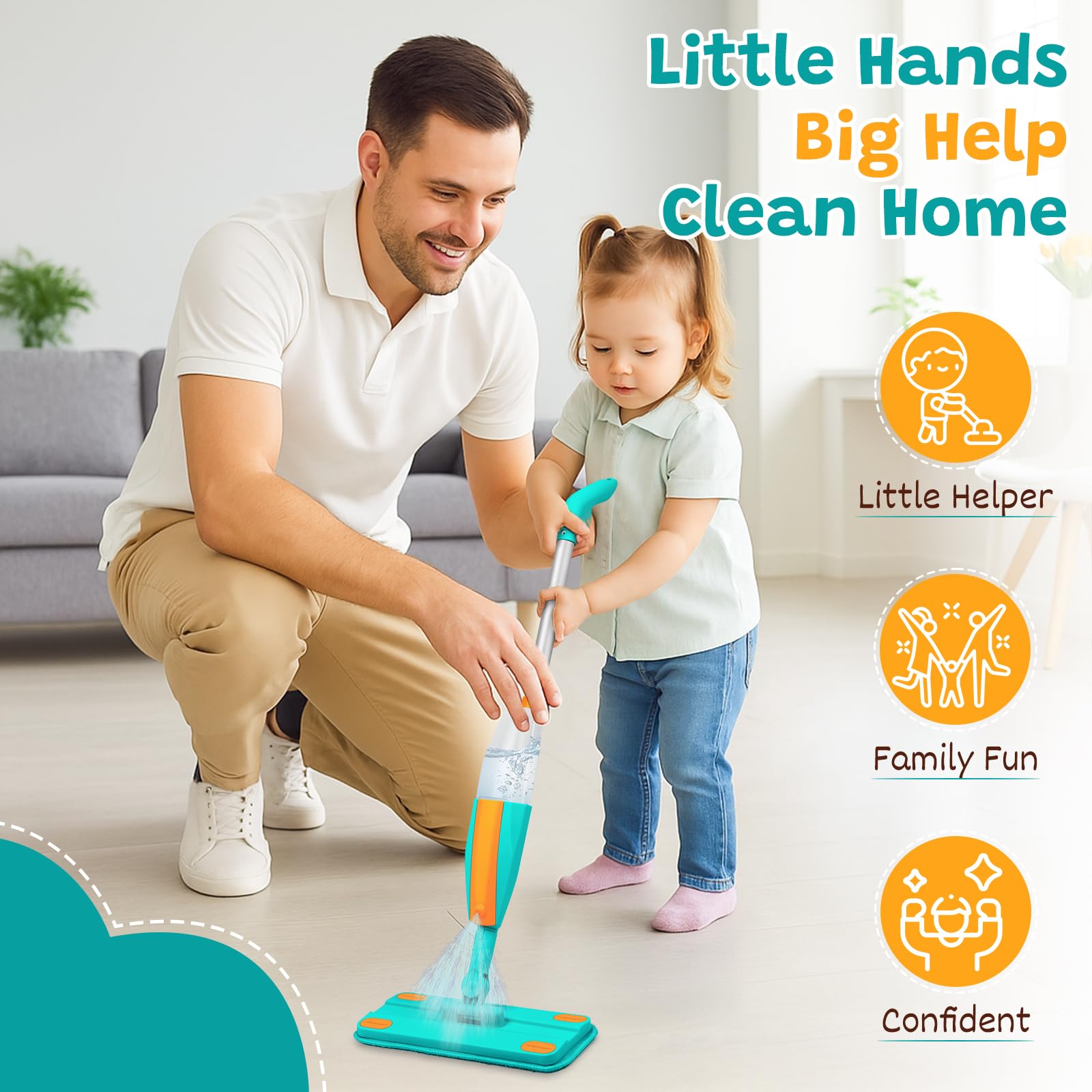 TrueYee Kids Spray Mop shows reusable microfiber pads for quick cleanup.