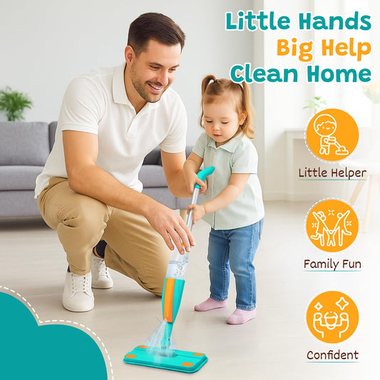 TrueYee Kids Spray Mop shows reusable microfiber pads for quick cleanup.