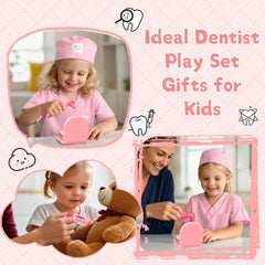 Trulloyoo Dentist Play Set pink medical-tools tray organizes tools for easy cleanup.