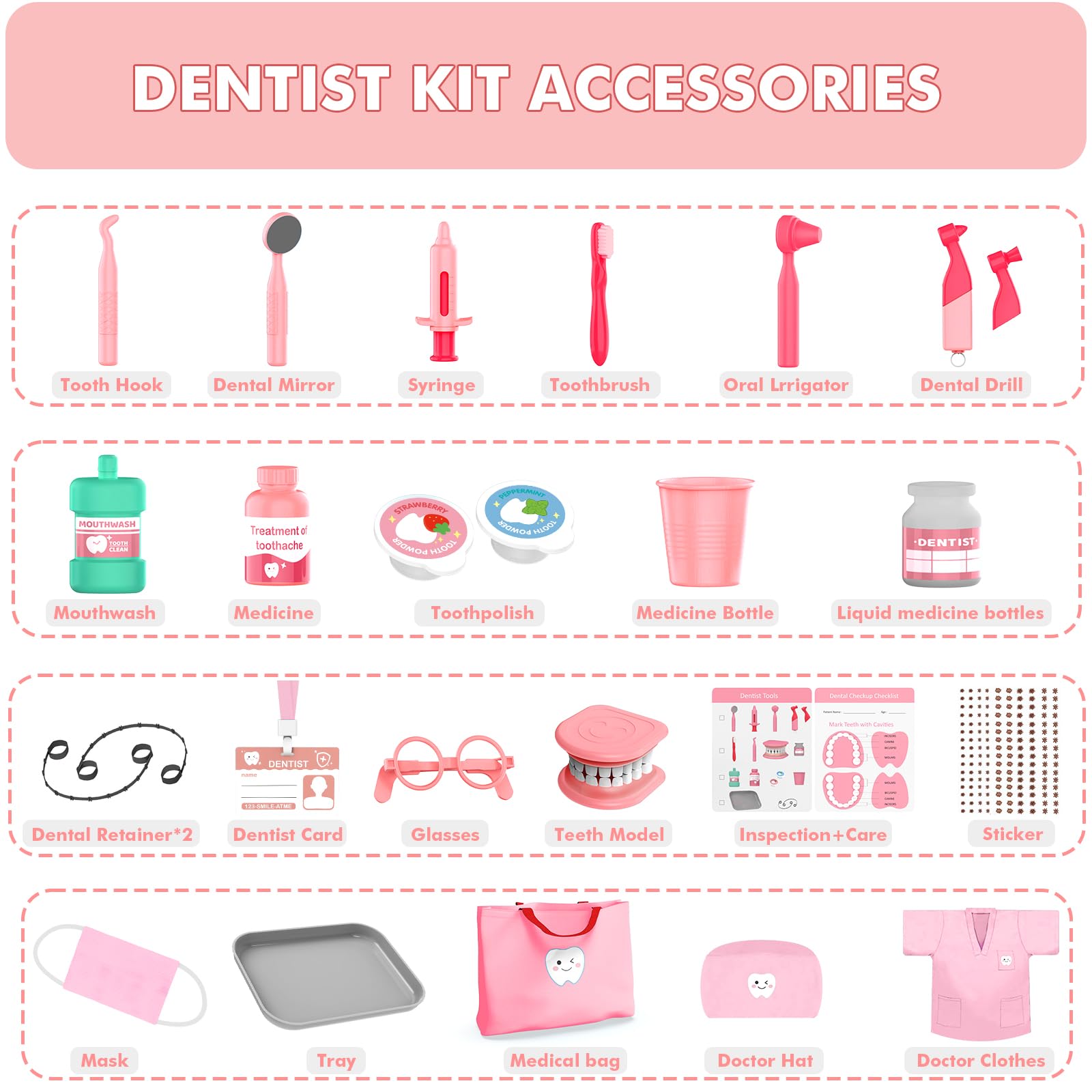 Trulloyoo Dentist Play Set pink toothbrush encourages healthy habits through pretend care.