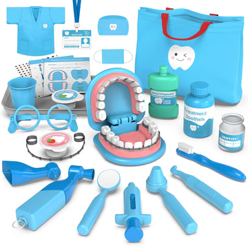 Trulloyoo dentist play set tools laid out for imaginative dental care practice