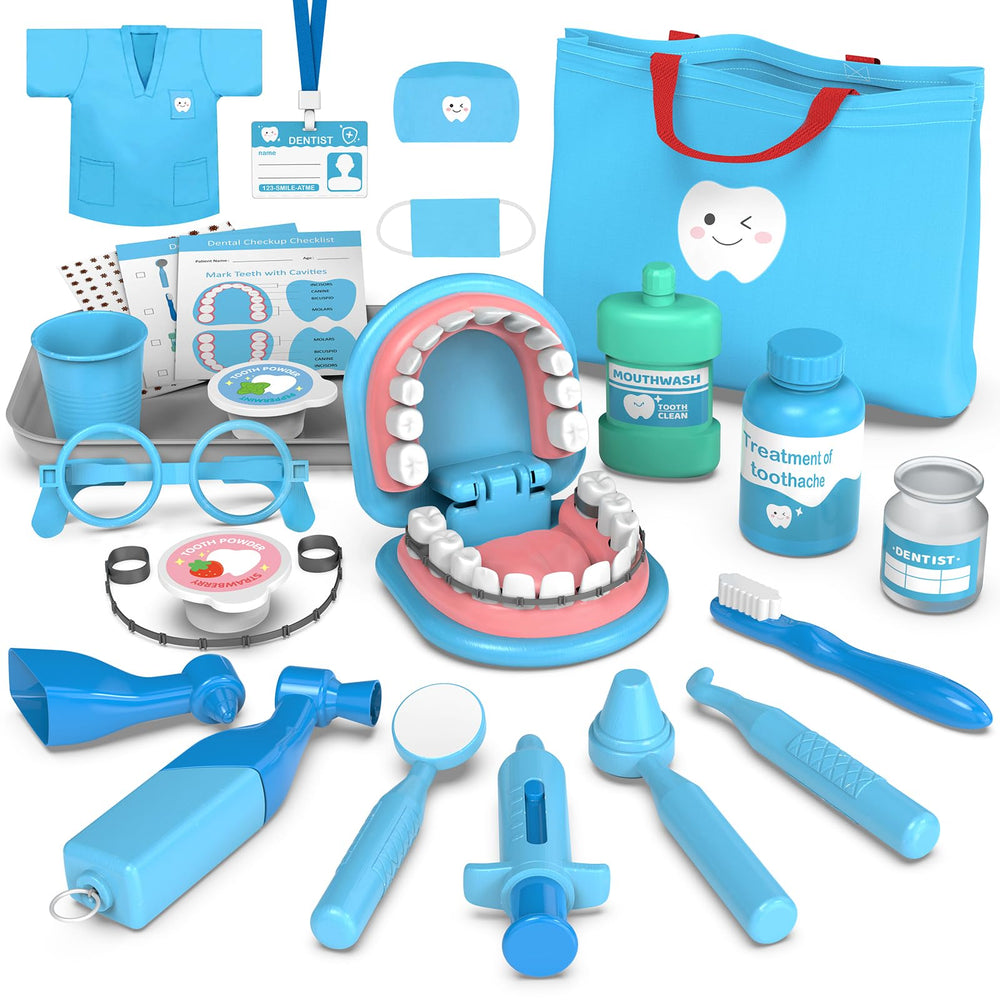 Trulloyoo dentist play set tools laid out for imaginative dental care practice