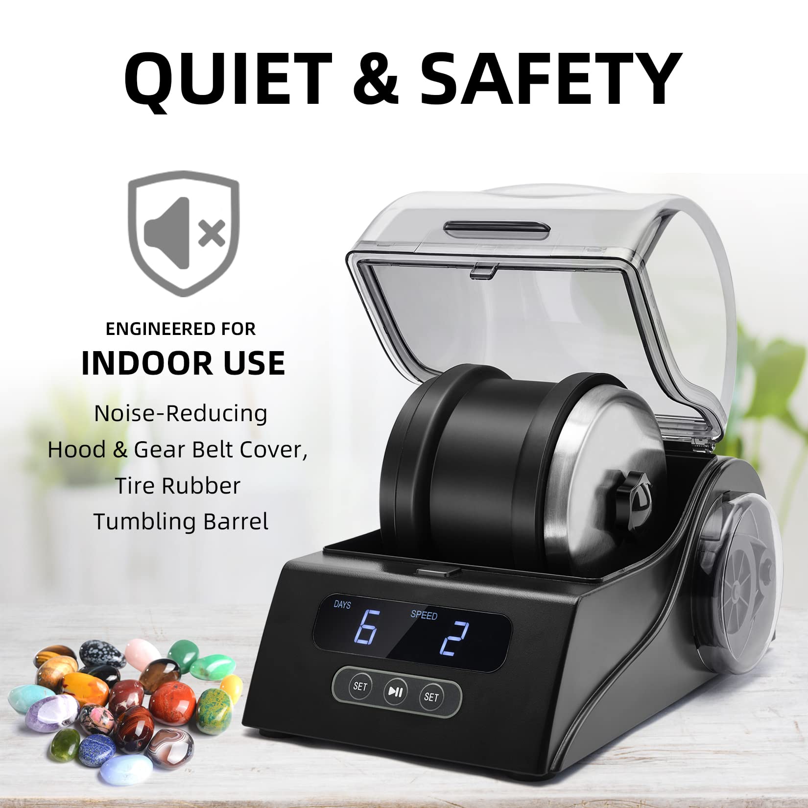 Tryes rock tumbler cover reduces noise for quiet operation