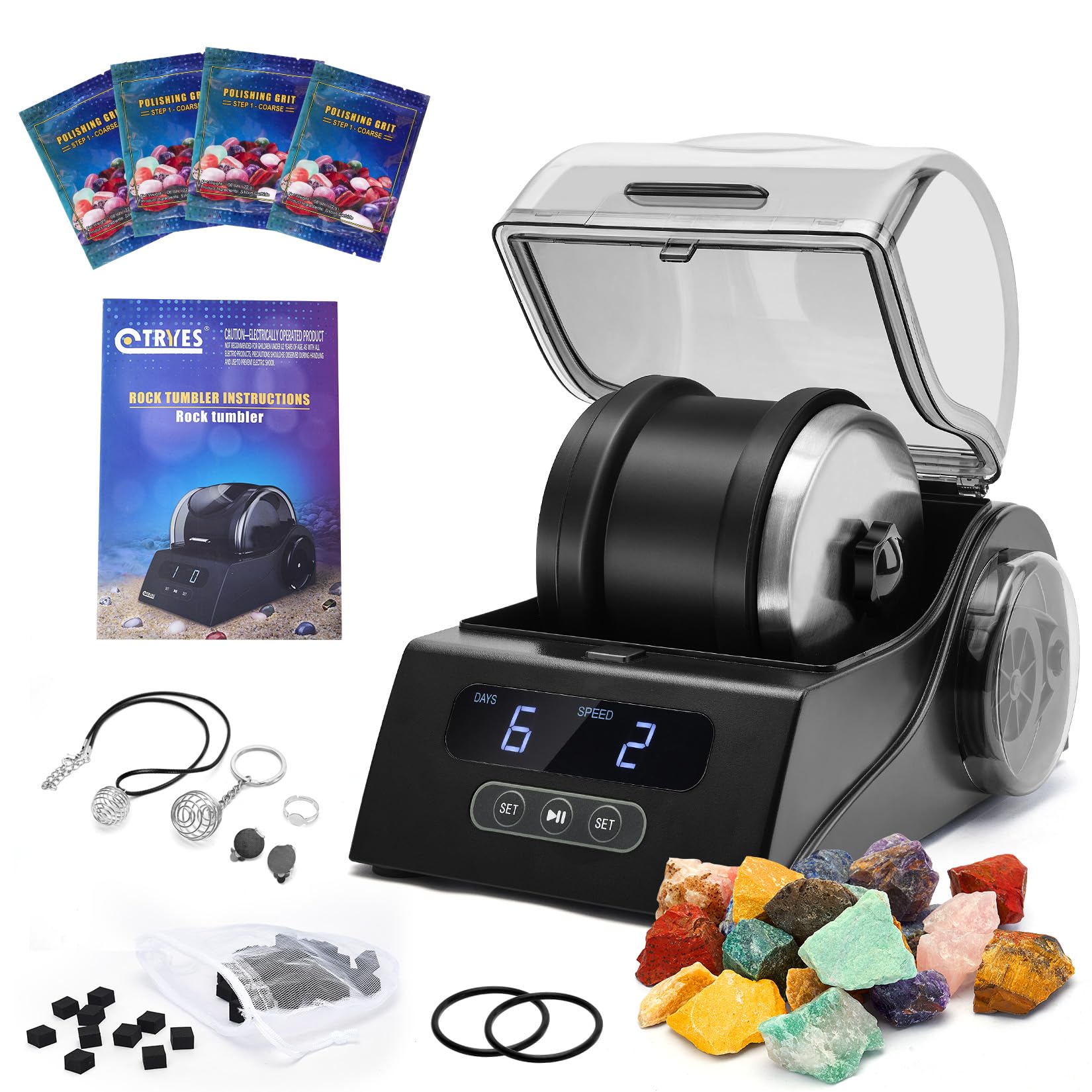 Tryes Rock Tumbler Kit unit with control panel for smooth stone polishing