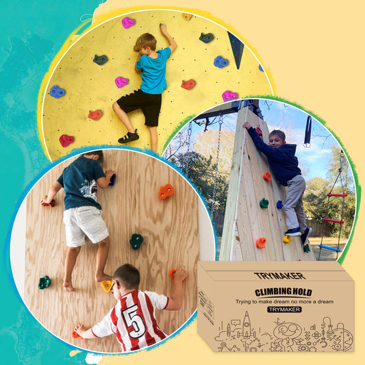 Trymaker kids-friendly grip holds in bright colors for safe indoor climbing.