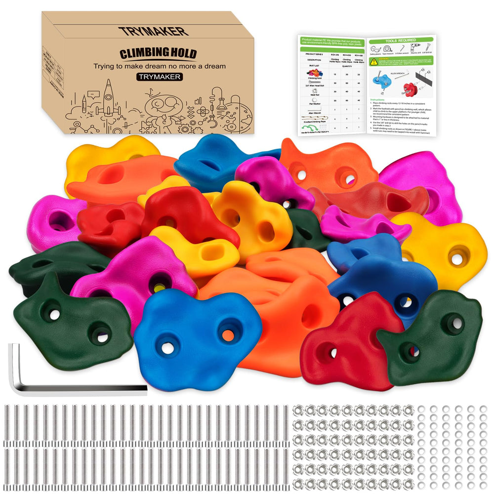Trymaker rock climbing holds 30pc pack with varied shapes for fun and challenge.