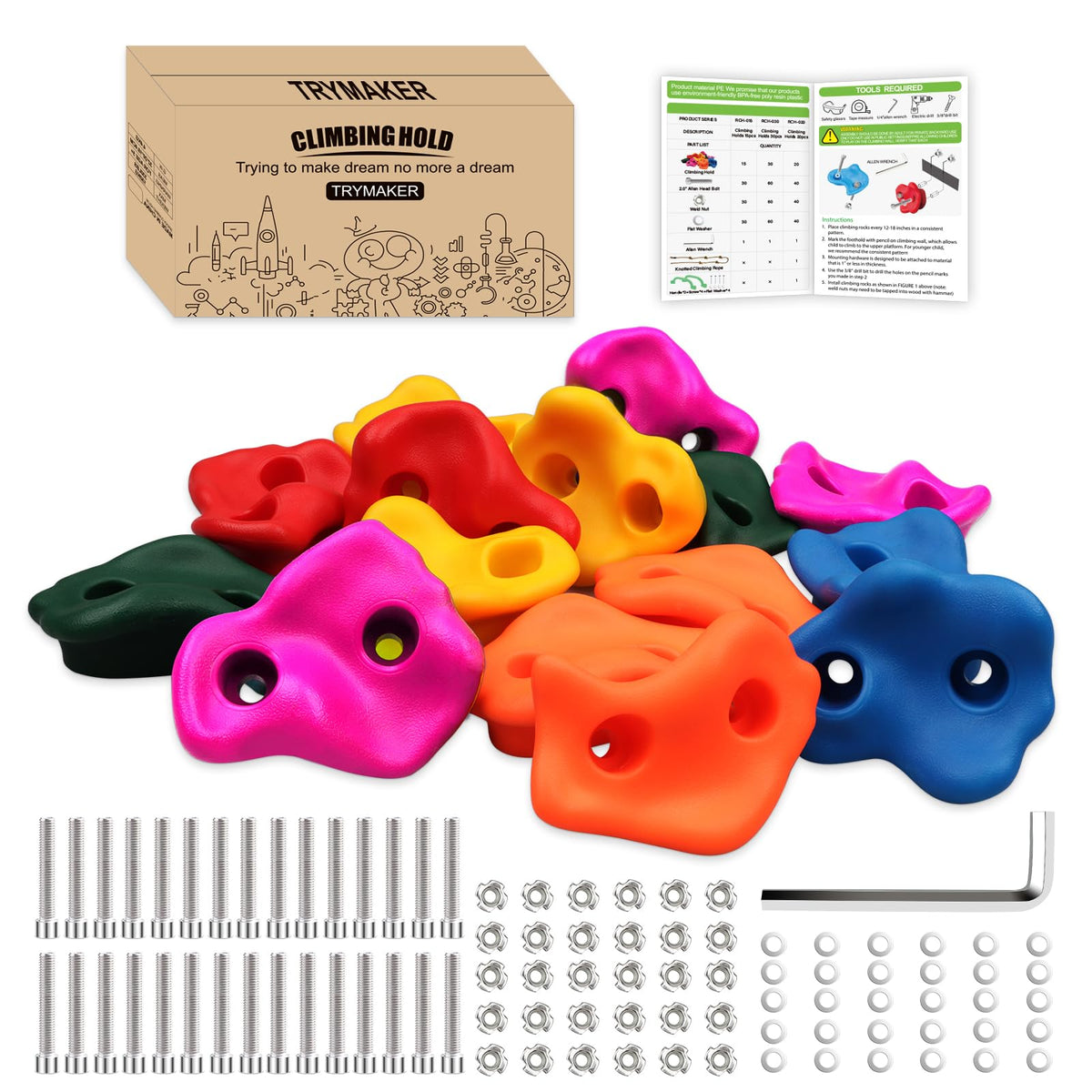 Trymaker rock holds colorful set for kids and adults on indoor walls.