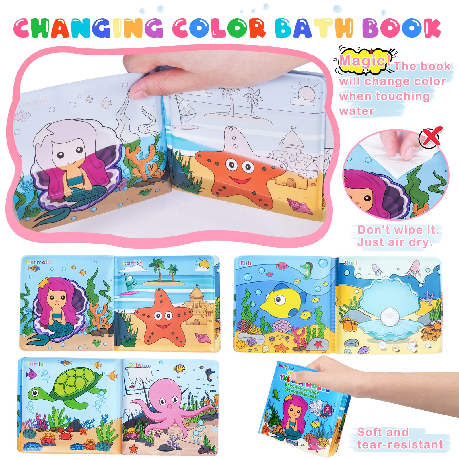 TSDATOWR color-changing ocean bath book reveals changing colors in water.