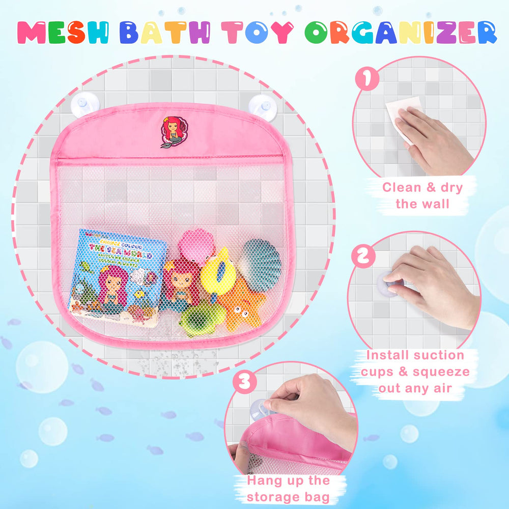 TSDATOWR mesh bag organizer keeps bath toys tidy and dry.