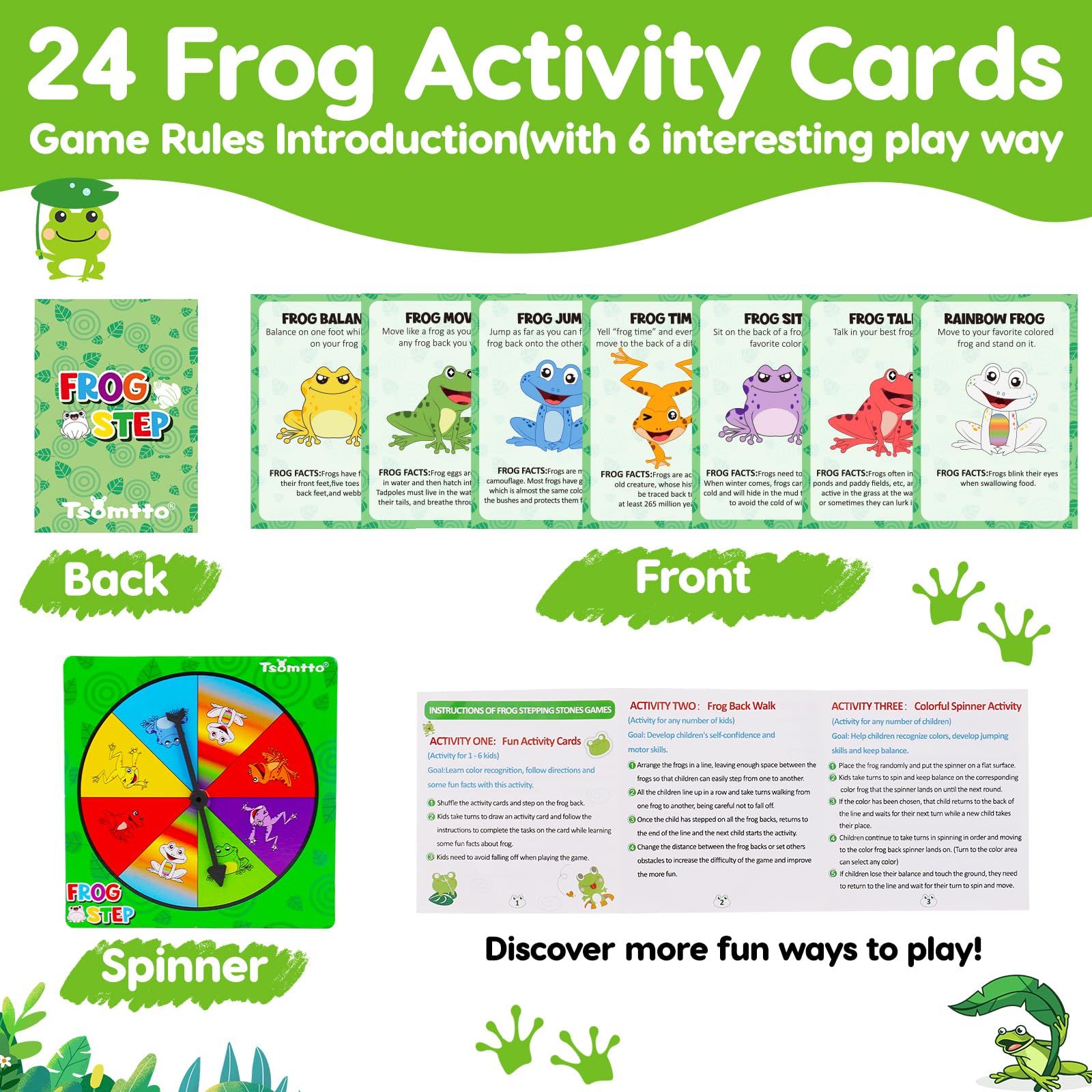 Tsomtto activity cards and spinner with frog themed prompts