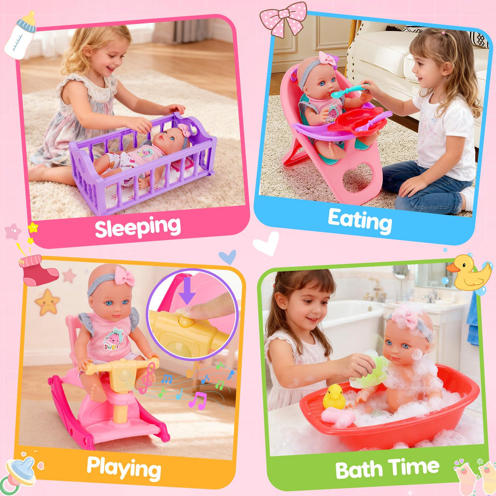 Tsomtto baby doll high chair supports feeding play sessions.