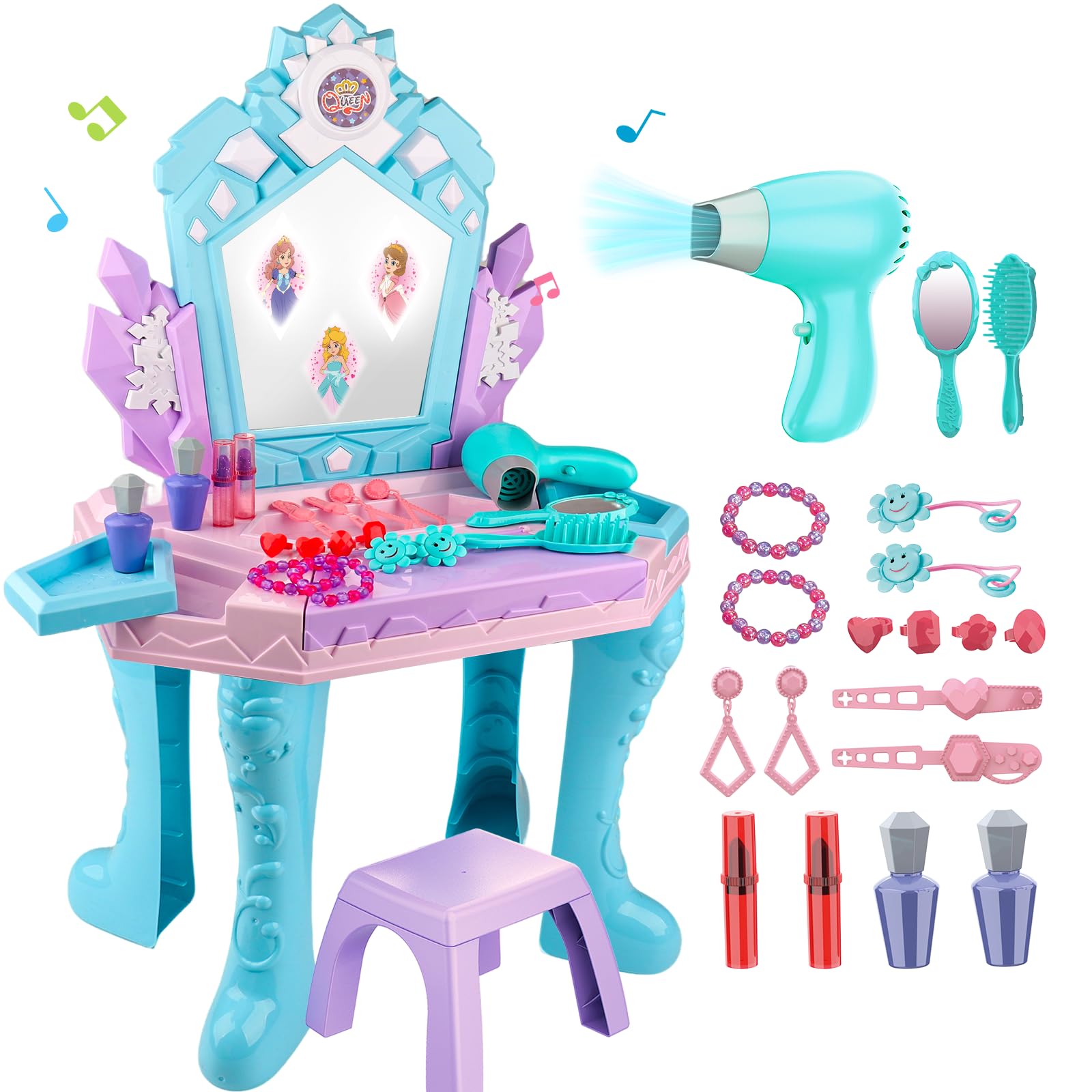 Tsomtto Frozen vanity table with mirror offers a magical play space for imaginative dressing.