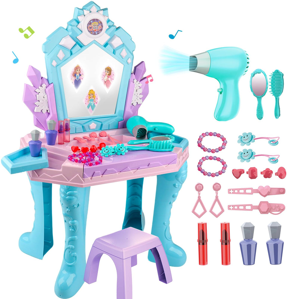 Tsomtto Frozen vanity table with mirror offers a magical play space for imaginative dressing.
