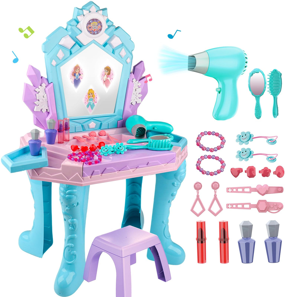 Tsomtto Frozen vanity table with mirror offers a magical play space for imaginative dressing.