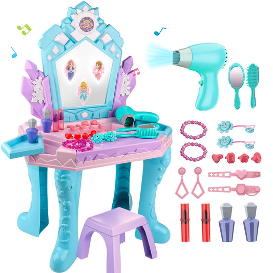 Tsomtto Frozen vanity table with mirror offers a magical play space for imaginative dressing.