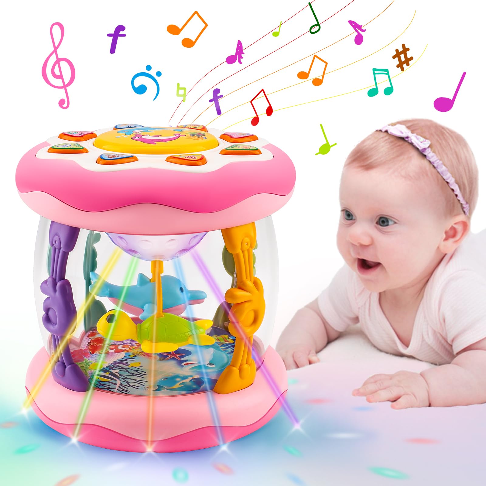Tsomtto ocean projector with rotating dolphins for baby's visual delight.