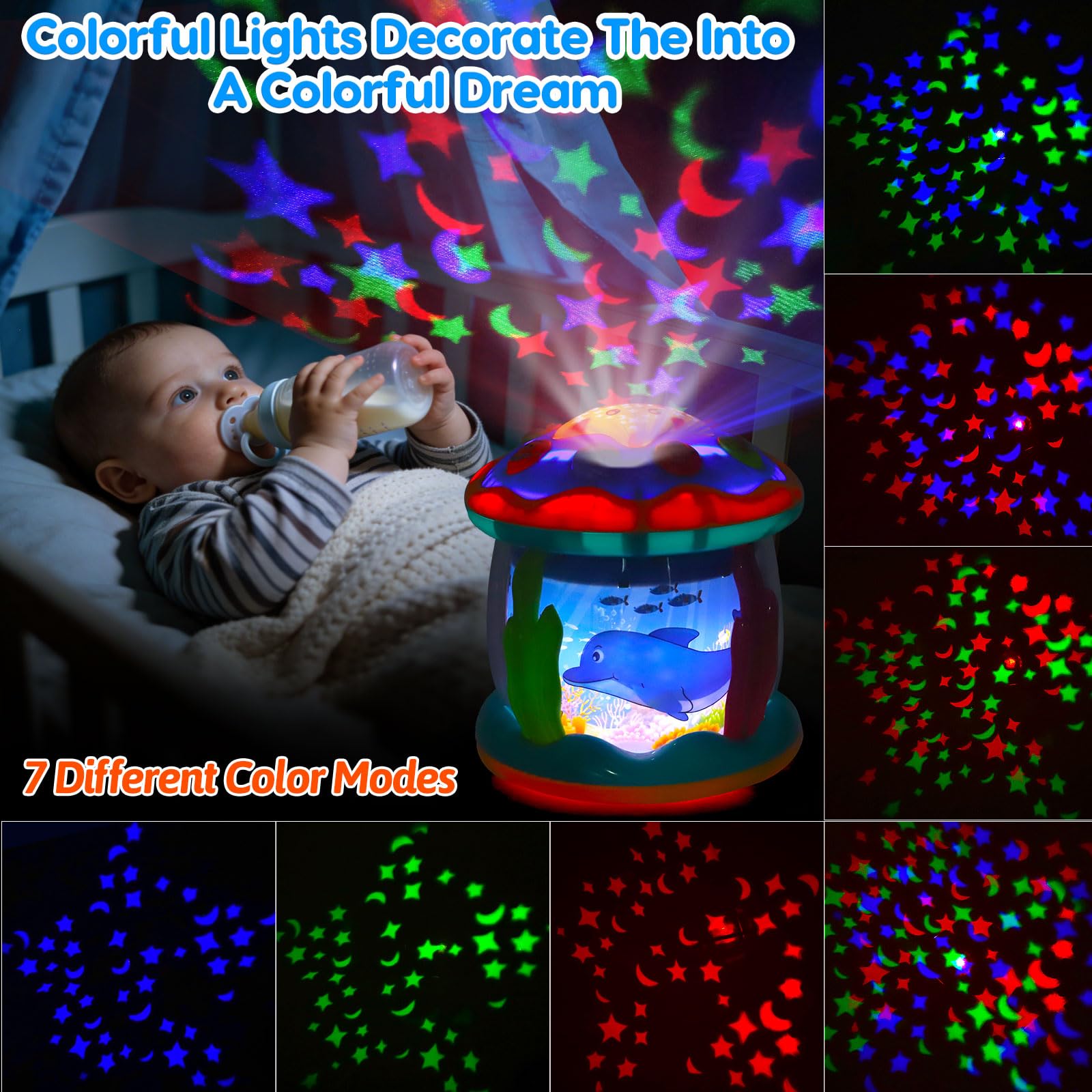 Tsomtto Ocean Projector sea animals display including dolphins and octopuses for visual tracking.
