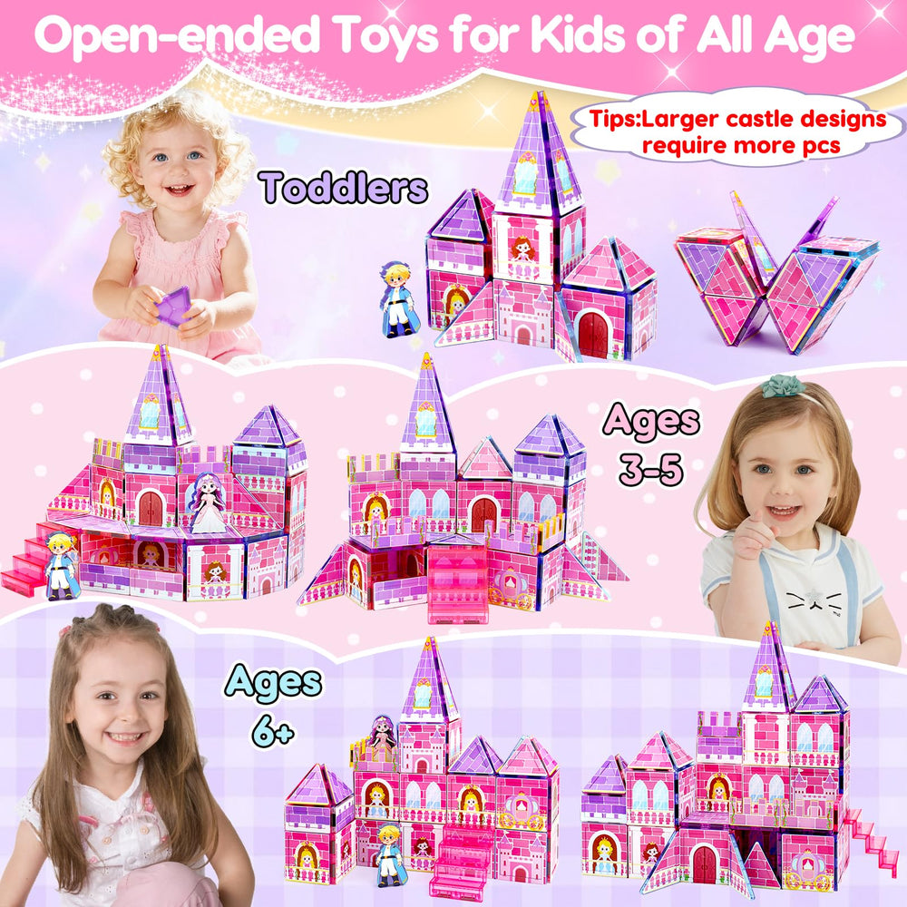 Tsomtto Princess Magnetic Tiles glass windows pattern enhances detailed castle design.