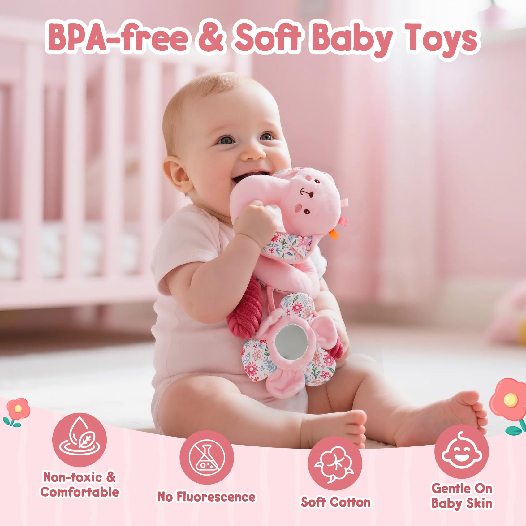 TSYAN BPA-free plush car seat toy safe for tiny hands and teething exploration.