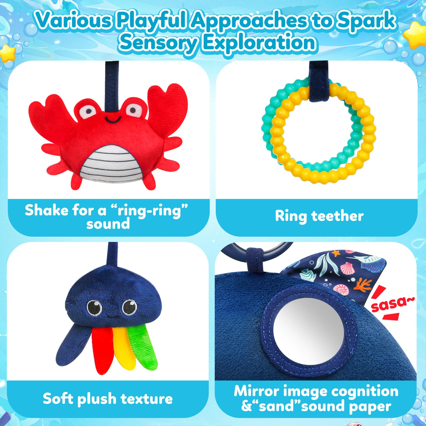 TSYAN car seat toy octopus with soft textures for tactile exploration.